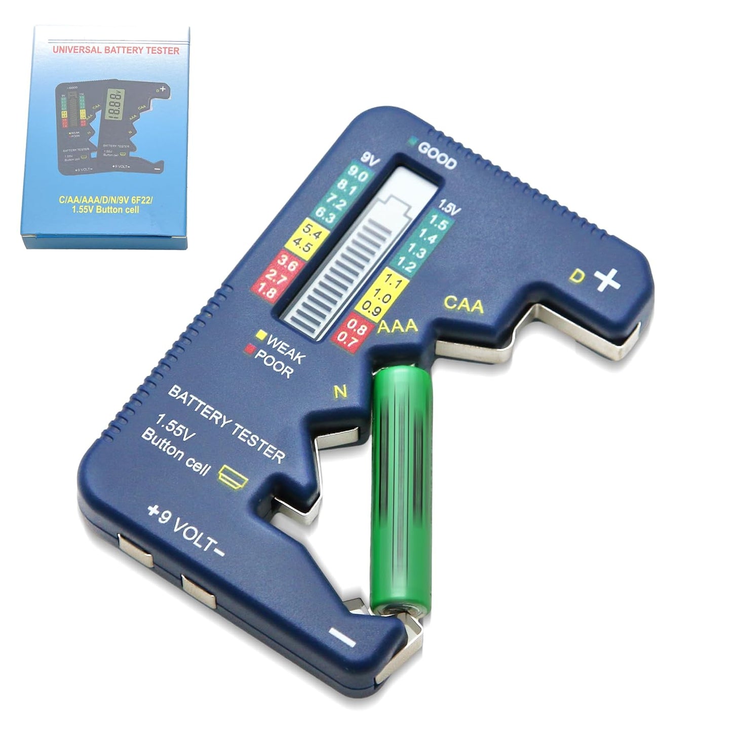 Battery Tester Universal Small Battery Checker Tester for All Battery AAA AA C D N 9V (6F22) 1.55V Button Cell Digital LCD Display Batteries Capacity Checker for Home Use (Model TA001)