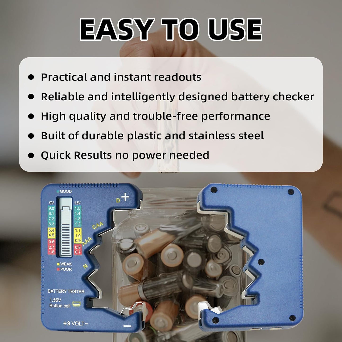 Battery Tester Universal Small Battery Checker Tester for All Battery AAA AA C D N 9V (6F22) 1.55V Button Cell Digital LCD Display Batteries Capacity Checker for Home Use (Model TA001)