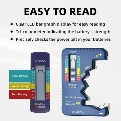 Battery Tester Universal Small Battery Checker Tester for All Battery AAA AA C D N 9V (6F22) 1.55V Button Cell Digital LCD Display Batteries Capacity Checker for Home Use (Model TA001)