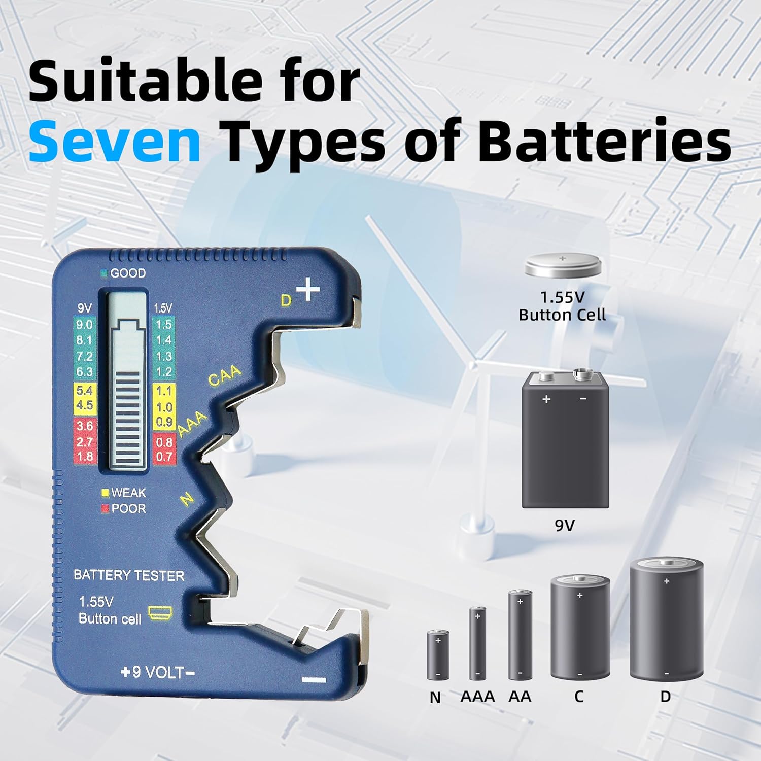 Battery Tester Universal Small Battery Checker Tester for All Battery AAA AA C D N 9V (6F22) 1.55V Button Cell Digital LCD Display Batteries Capacity Checker for Home Use (Model TA001)